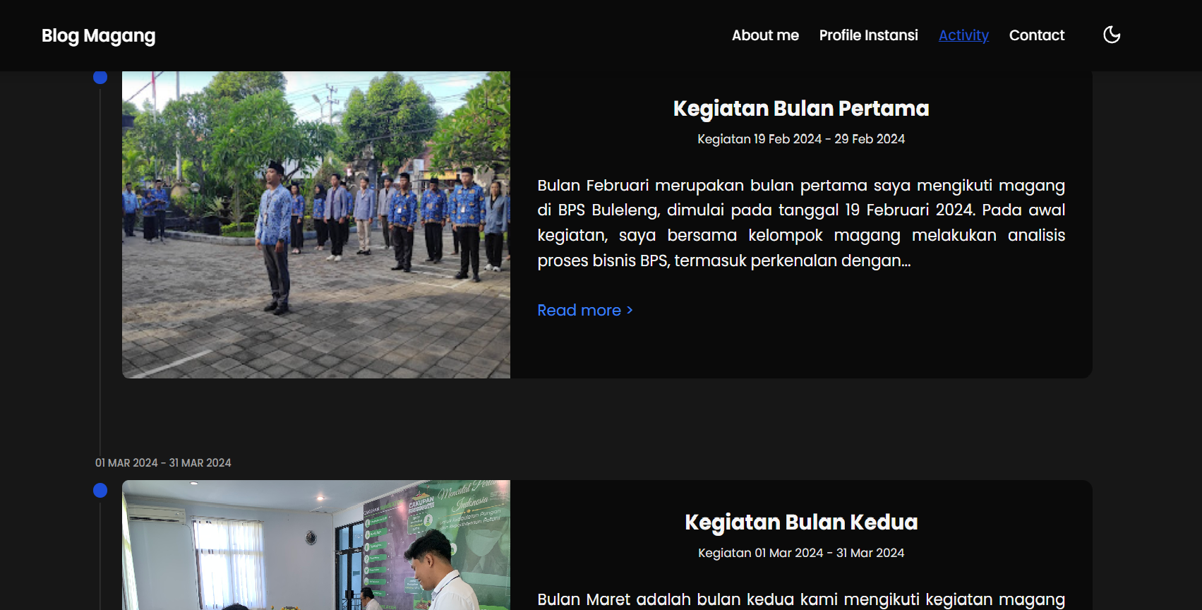 Halaman utama blog magang dengan timeline interaktif