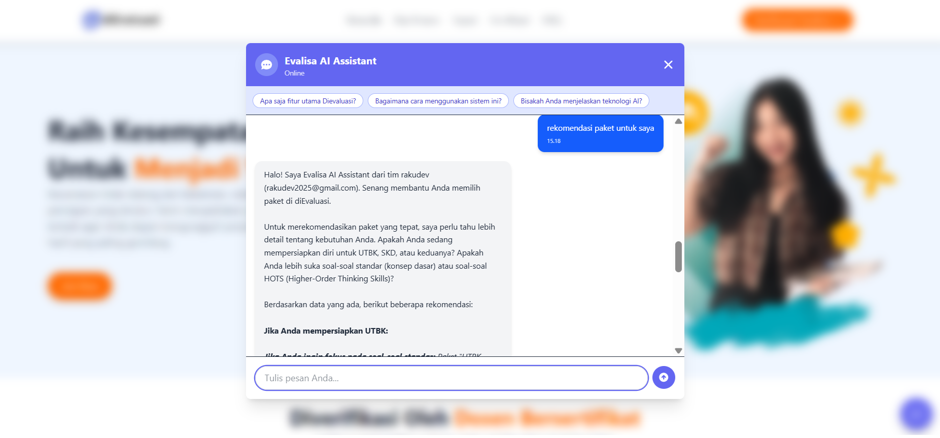 Asisten AI Evalisa - Panduan Berbasis AI untuk Pemilihan Paket Tryout