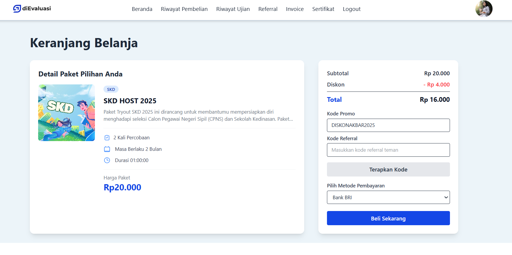 Proses Checkout - Terapkan Diskon dan Kode Referral untuk Paket Tryout