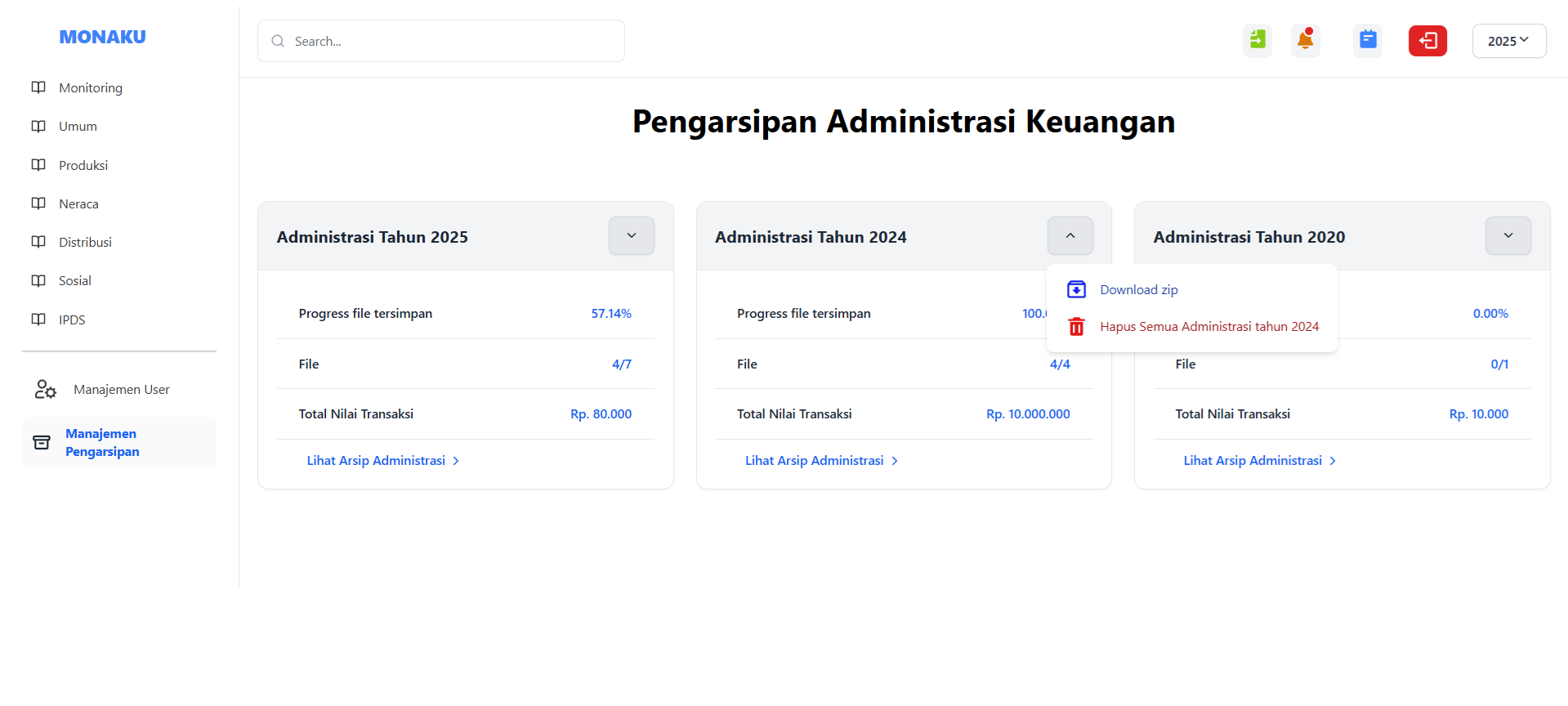 Antarmuka pengarsipan dokumen keuangan dengan fungsionalitas pencarian