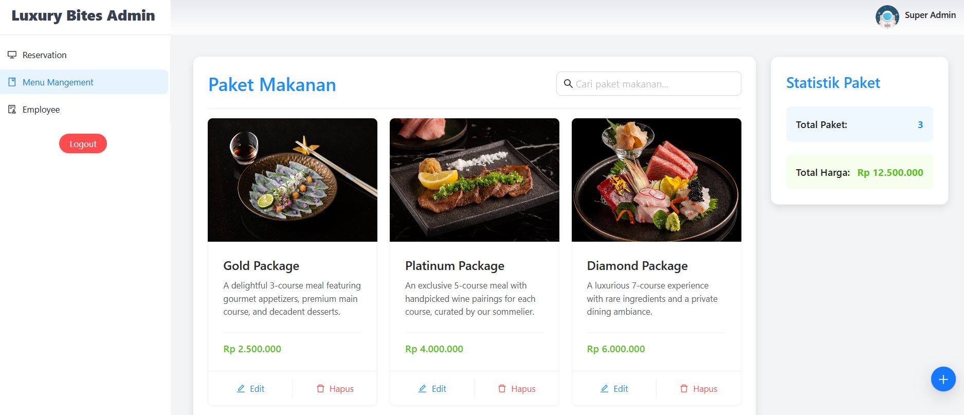 Manajemen paket makanan di dashboard admin